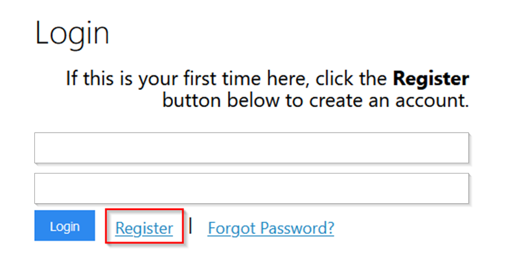 Login page showing username and password fields, with the Register link highlighted below the Login button