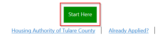 Online application portal showing the Start Here button highlighted in the center of the page
